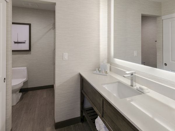 A modern bathroom with a double sink vanity, large backlit mirror, light-toned walls, and a view into a separate toilet area.