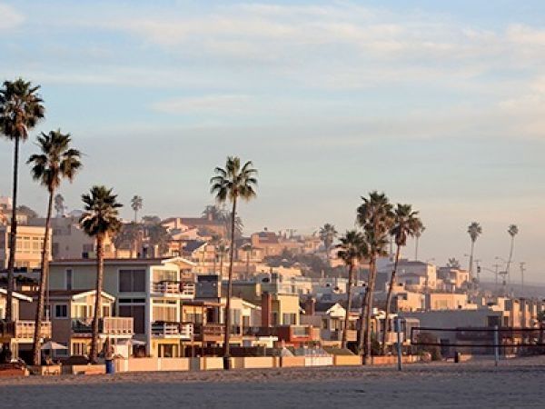 Palm-lined beachfront town with low-rise buildings, salty air, and a clear sky over a calm coastline.