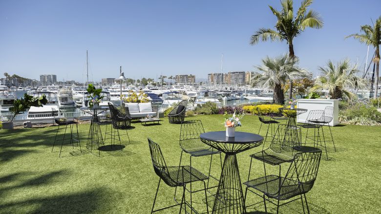 An outdoor marina cafe scene with round metal tables and chairs on a grassy lawn, palm trees, boats and a harbour in the background, bright day.