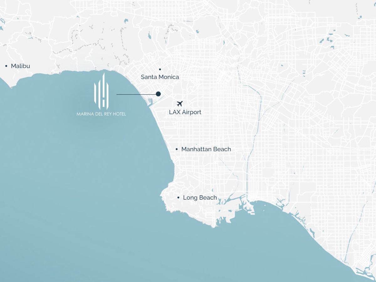 A map of the Los Angeles area showing the coast near Malibu, Santa Monica, LAX, and Long Beach with a logo in the water.