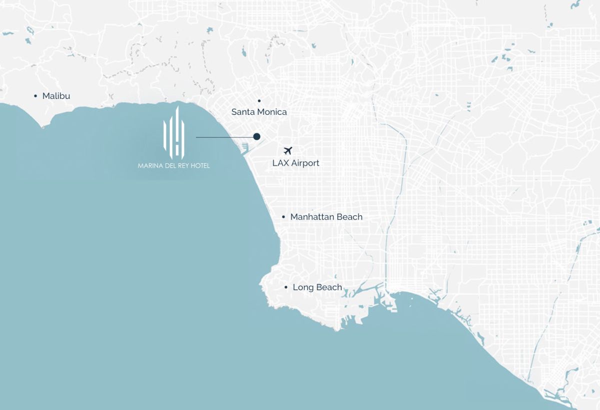 A map shows parts of southern California near Los Angeles and the coast, with a logo near Malibu indicating a venue or project.