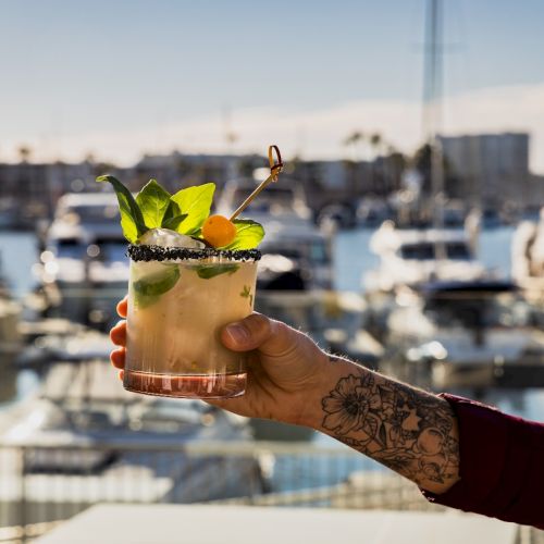 A hand with a tattoo holds a cocktail garnished with lime and herbs against a marina filled with boats, sunny and relaxed atmosphere.