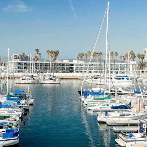 A marina with numerous docked sailboats and calm blue water, with a pier and white buildings in the background.