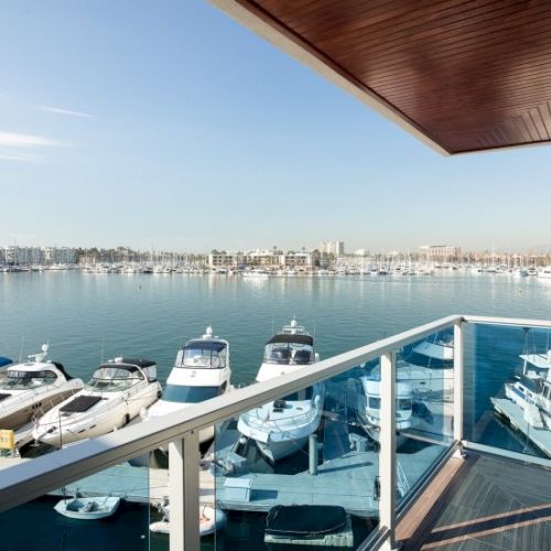 A bright ocean-view deck with white railings and lounge chairs, calm water and distant boats under a clear blue sky.