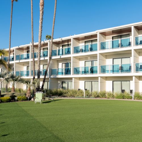 A sunny beachfront hotel with white balconies, palm trees, and a well-kept green lawn in the foreground, under a clear blue sky.