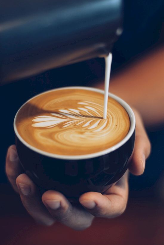 A barista pours latte art into a cup, creating a leaf pattern on creamy coffee.